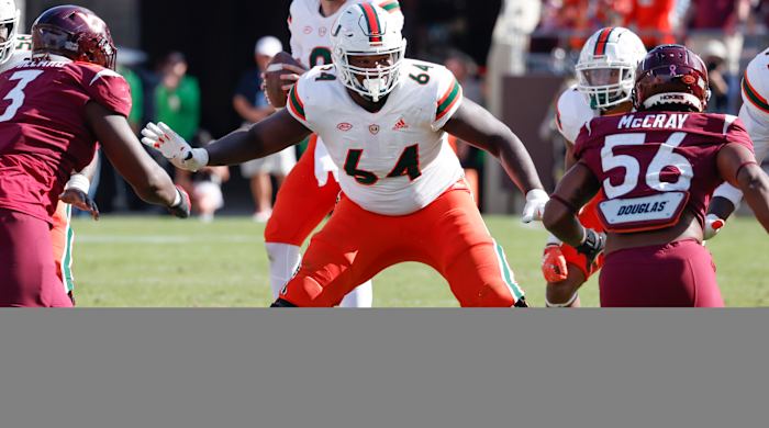 Miami’s Jalen Rivers gets into his pass set against Virginia Tech.